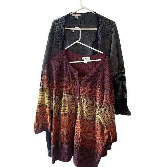 2 CJ Banks 3X Cardigan Sweater Duster Blue White Striped Open Knit Acrylic - Picture 1 of 7